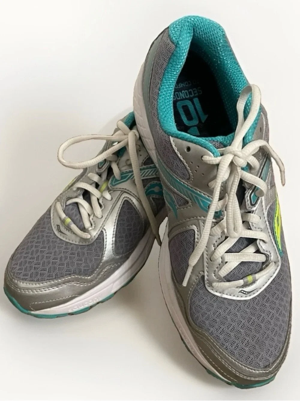 Saucony Cohesion 10 Gray Teal and Neon Yellow Athletic Sneakers,women, size W-10
